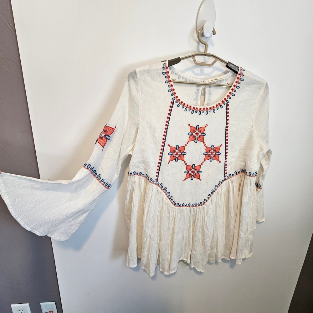 Aveology Babydoll Top Blouse Shirt Womens Size 20 Boho Ivory Flowy Embroidered